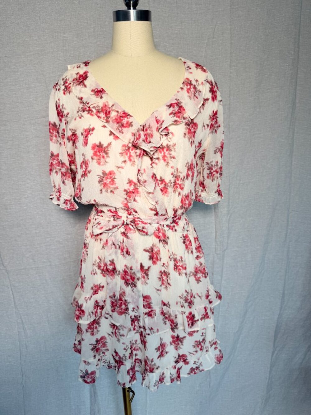 PAIGE Silk Floral Ruffle Dress | Medium | Nude Cream & Cherry Red | 100% Silk